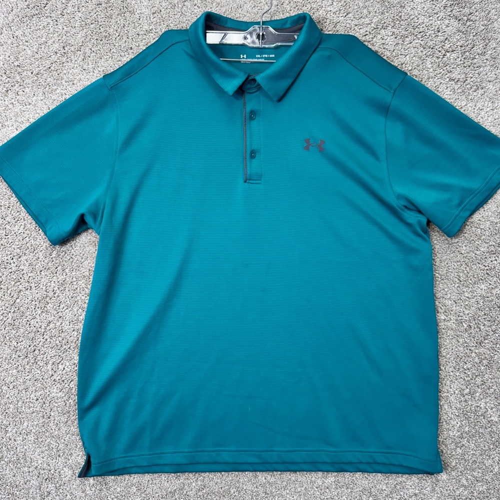 Under Armour Polo Shirt Mens 2XL Loose Fit Teal Micro-stripe EUC
